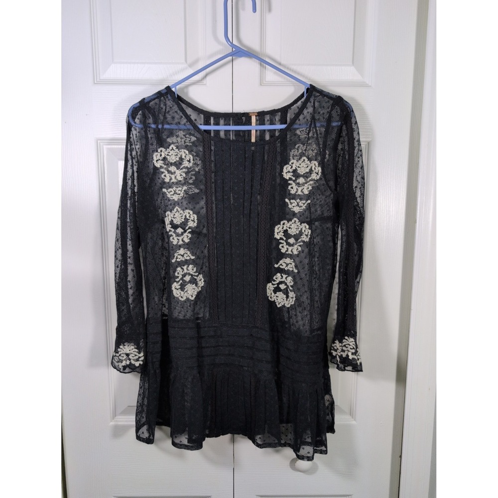 FREE PEOPLE Women's Navy Jocelyn Pleated Dot Ruffle Lace Tunic Size S